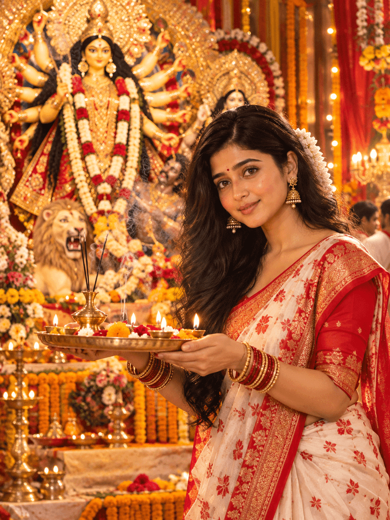 Prompt seen Durga Puja girl AI photo